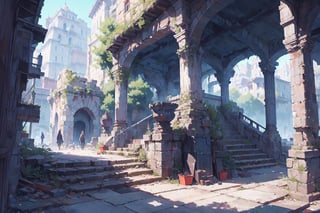  nodf_lora, castle hall, 
city ​​street,（square：1.3）,stairs, ruins, pillar, scenery, Castle ruins in the background,cinematic lighting ,FFIXBG,Rococo style,no_humans,breakdomain,beautyniji,ff8bg,YAMATO