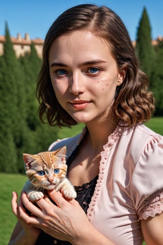 cinematic upper body photo a woman holding a kitten in her hands, ((best best quality)), ((masterpiece)), ((realistic)), (detailed), blush, (masterpiece), absurdres, HDR , . 35mm photograph, film, bokeh, professional, 4k, highly detailed, detailed skin texture, (goosebumps:0.5), subsurface scattering, pure skin, skin pores, blue eyes
