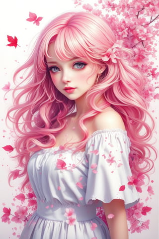 Light pink hair, pink eyes, pink and white, sakura leafs, vivid colors, white dress, paint splash, simple background, ray tracing, wavy hair