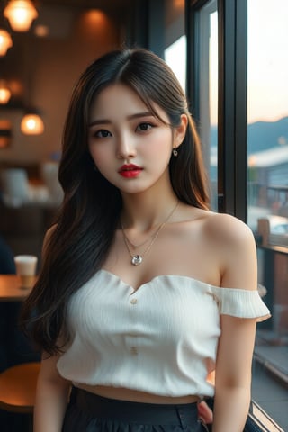 beautiful 20 year old korean woman, kpop star, long hair, wearing cute clothes, soft girl, soft girl fashion, disney style, long neck, thin waist, wide hips, narrow jawline, earrings, necklace, coffee shop, inside, dimmed light, knee socks, looking at viewer, seductive, biting lips, pale wet skin, bedroom, ambient lighting, window in back, sunset, natural lighting, stylish shot, interesting camera angle, Perfect Composition, photorealistic image, highest quality, masterpiece, directional lighting, highly detailed face, dark eye-shadow, eyeliner, high contrast