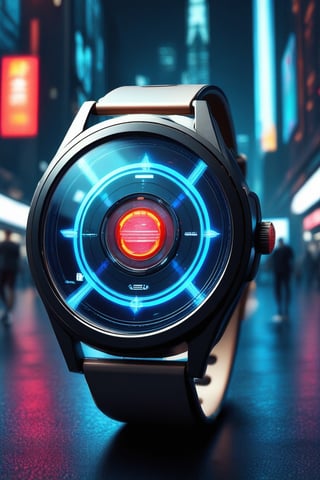 A futuristic smartwatch with a holographic interface, advanced technology