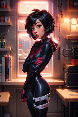 1 girl, peni parker, spiderman suit, bodysuit, hoodi,SAM YANG