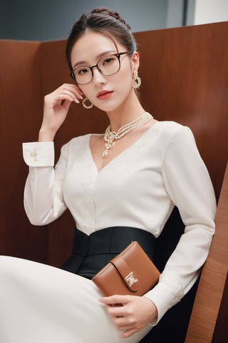 masterpiece, best quality, intricate detail, 1girl, office lady, cowboy shot, office, holding wallet, lobby, elevator, cross earrings, under-rim eyewear, hair bun,