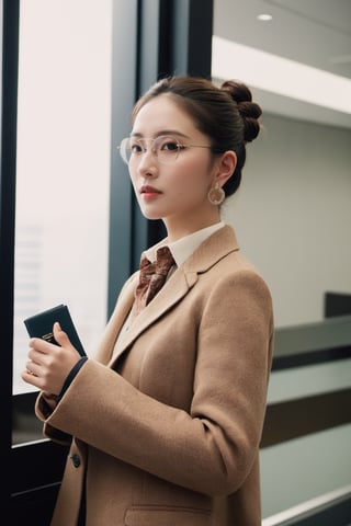 masterpiece, best quality, intricate detail, 1girl, office lady, cowboy shot, office, holding wallet, lobby, elevator, cross earrings, under-rim eyewear, hair bun,