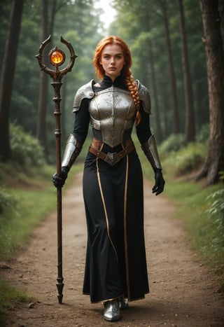 score_9_up, score_8_up, score_7_up, realistic, rating_safe, full body shot of a confident red-haired female adventurer with (beautiful green eyes) and freckles in futuristic attire holding an arcane wizard staff walking through a (sinister forest). (blonde hair:0.9), warrior braids, duotone gradient hair. highly-detailed eyes, realistic eyes, highly-detailed face, realistic face, realistic skin, high tech gothic art style, dark and moody, intricate details, ornate patterns, medieval inspired, mysterious atmosphere, artistic and elegant. She wears a high collar black dress and a plain faded cloak, armored dress, travel dress, slit dress, pants, futuristic plate armor, hyperadvanced brigandine exosuit, chest plate, shoulder armor, silver belt, armored boots, gloves. she holds a (((long arcane wizard staff))), cinematic, dramatic, vivacious,
BREAK
backlighting, professional color grading with DaVinci Resolve, 8k, by artgerm, cinematography by Roger Deakins, directed by Akira Kurosawa