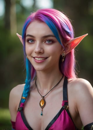 candid photo, wide-angle long shot,  cinematic scene, a beautiful (elf:1.3) woman, (jinx (league of legends):0.5), multicolored dutone two-tone gradient (blonde:0.25) (purple:0.5) (rainbow:1.3) (auburn:0.5) hair, hyperdetailed photography, realistic, freckles, small head, upturned eyes, extremely horny expression, sassy smirk, eye_glow, pink_eyes, pink_iris, (blue hair:0.05), necklace, earrings,