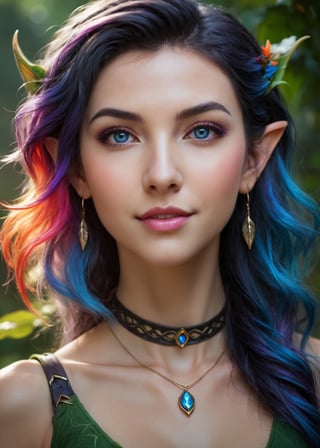 candid photo of a beautiful (elf:1.4) woman,(jinx (league of legends):0.5) with fine skin details,cinematic still shot,expressive eyes,perfecteyes,perfect eyes,wide-angle long shot,cinematic scene,MidJourney v5.2 style,(short face, short neck:1.33),short chest,small head,mystical waterfall grove, psychedelic plants, fantastic fluffy wavy multicolored duotone gradient backlit hair,detailmaster2,Hasselblad X2D,perfecteyes