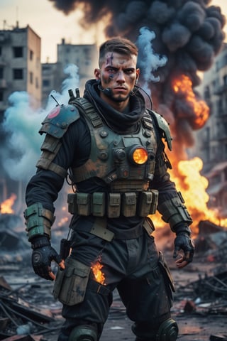 cyberpunk [Battlefield] photo of a [27 yo man], round face, full body, [professional soldier], [camouflage uniform], [defensive position], [smoke and explosions], [European setting], [late afternoon dusk lighting], [high camera angle], [long zoom lens medium format camera], in the style of [Apocalypse Now],cyborg style,detailmaster2,Explosion Artstyle