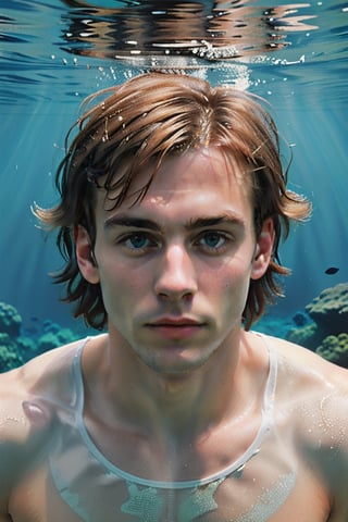 A photo of a 25 year old Scandinavian male, he is submerged underwater swimming, Detailed colorful sea floor, he has beautiful vigorous brown natural hair with bangs, he is light skinned, and beautiful with perfect face and perfect eyes, Perfect expression, he is wearing white see through clothing, he has light colored makeup on, With slick skin, Fishes swimming in background, Award winning photograph with 8K quality, Photorealism, Lush Colors, Tropical, Perfectly clear water, Ultra detailed, Cinematic, 1980's, Retro, Aesthetic, VHS style photo, Subject is looking directly at camera,Extremely Realistic