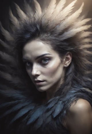 the skull is distorted by the twists and turns of a woman with dark hair, in the style of neon impressionism, dark blue and light black, photoillustration, made of feathers, expressive light and shadow, expressionist emotiveness
,dark,chiaroscuro