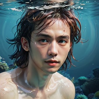 A photo of a 25 year old Asian male, round face, half body, he is submerged underwater swimming, Detailed colorful sea floor, he has beautiful vigorous brown natural hair with bangs, he is light skinned, and beautiful with perfect face and perfect eyes, Perfect expression, he is wearing white see through clothing, he has light colored makeup on, With slick skin, Fishes swimming in background, Award winning photograph with 8K quality, Photorealism, Lush Colors, Tropical, Perfectly clear water, Ultra detailed, Cinematic, 1980's, Retro, Aesthetic, VHS style photo, Subject is looking directly at camera,Extremely Realistic,ice and water,underwater,girl