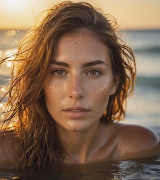 hyperdetailed photography, backlighting, golden hour, sunrise, overexposed random-angle, random-plane, grainy photo of beautiful woman model argentinian submerged in the sea water reflection in the water, wet hair, drops of water on the face, sensual expression, brown eyes, reflections in the eyes, little freckles, long eyelashes, detailed pores, tan skin, brown blonde hair, without jewelry, without collar, without clothes, without bikini, shot in tulum beach with a canon 6D lens f 0.9 camera in a raw-style format