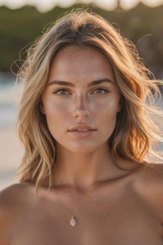 hyperdetailed photography, exposed, grainy, photo of beautiful woman model italian, sensual expression, little freckles, tan skin, brown blonde hair, without jewelry, without clothes, shot in tulum beach golden hour with camera canon lens 50 mm f 1.8 in a --raw-style format