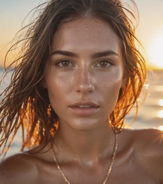 hyperdetailed photography, backlighting, golden hour, sunrise, overexposed random-angle, random-plane, grainy photo of beautiful woman model argentinian submerged in the sea water reflection in the water, wet hair, drops of water on the face, sensual expression, brown eyes, reflections in the eyes, little freckles, long eyelashes, detailed pores, tan skin, brown blonde hair, without jewelry, without collar, without clothes, without bikini, shot in tulum beach with a canon 6D lens f 0.9 camera in a raw-style format