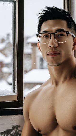 masterpiece, 1 Man, Handsome, Taiwanese ,Look at me, Brown eyes, Short hair, Oil head, glasses,bare,narrow face,Stubble, 30 years old, indoors, in a bedroom, outside of the window is a street full of snow,snow, textured skin, super detail, best quality