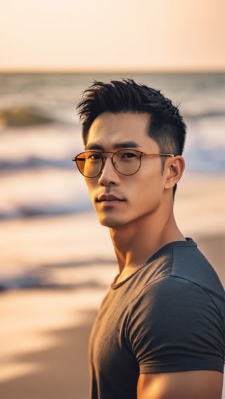 masterpiece, 1 Man, 32 years old,Taiwanese,Handsome, Look at viewer,undercut, Brown eyes, Short hair, Oil head, T-shirt, Muscular development, beach,sunset ,textured skin, super detail, best quality ,glasses,big nose