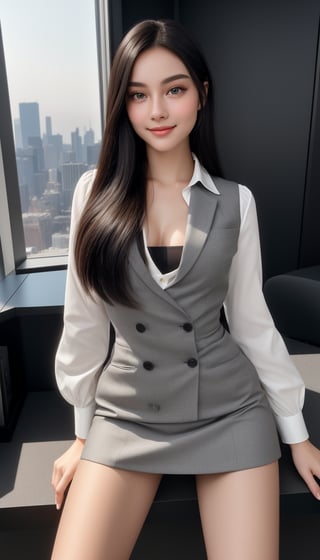 Capture a breathtakingly realistic 8K RAW photo of an 18-year-old girl exuding innocence and charm. She has brown eyes, long black hair, and porcelain-white skin, styled in a sleek executive office suit. Her face beams with a stunning smile from below, framed by high-contrast smokey dark office background and Manhattan city night view through the window. Her heeled pumps and detailed facial features, including glossy full lips and highly detailed hair, demand attention. The lighting is impressive, with perfect balance of brightness and sharpness, showcasing every strand of hair and fiber of fabric. The subject's legs are subtly highlighted, drawing focus to her overall allure. Utilize advanced photon mapping, ray tracing, and detailed rendering techniques to create an Ultra High Definition masterpiece that simmers with photorealism.