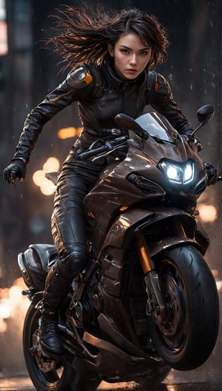 Award-winning cinematographer captures a breathtaking cyberpunk fantasy scene: A stunning 18-year-old girl, porcelains-skin toned with large, light-brown eyes and wet lips, sits astride her metallic racing motorcycle. Dark brown hair falls in medium bob style, framing her face as she dons metallic headphones and a sleek rider suit that hugs her perfect body. Bangs frame her forehead, accentuating her intense gaze. Dramatic lighting casts a moody glow, while the 16k resolution and cinematic moviemaker style ensure every intricate detail is rendered with photorealism. The bike's metal surface glistens, reflecting the wet asphalt as our heroine rides straight towards the viewer. Score: 9