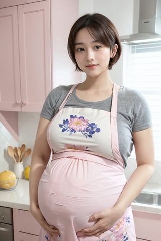 (Upper body), solo_female, Master piece, best quality, 8k, Her name is YUKO, (40 weeks pregnancy wife), smile, short hair, ((Giant_belly_pregnant, plump)), (huge_breast, huge_Hip), Blurry background, Kitchen, (Flower pattern Pink Loose Apron, T-shirt)