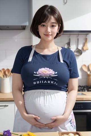 (Upper body), solo_female, Master piece, best quality, 8k, Her name is YUKO, (40 weeks pregnancy wife), smile, short hair, ((Giant_belly_pregnant, plump)), (huge_breast, huge_Hip), Blurry background, Kitchen, (Flower pattern Navy Loose Apron, T-shirt)