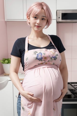 (Upper body), solo_female, Master piece, best quality, 8k, Her name is YUKO, (40 weeks pregnancy wife), smile, short hair, ((Giant_belly_pregnant, plump)), (huge_breast, huge_Hip), Blurry background, Kitchen, (Flower pattern Pink Loose Apron, T-shirt)