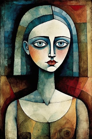 Paul Klee abstract portrait beautiful delicate woman, big eyes, cinematic,  Darkness, eerie, mysterious, modern vintage,  hypnotic gaze, layered colored alcohol wash over fine line sketch, Rich deep colors,  beautiful patterns, ethereal Hollywood lighting, style by Paul Klee, 