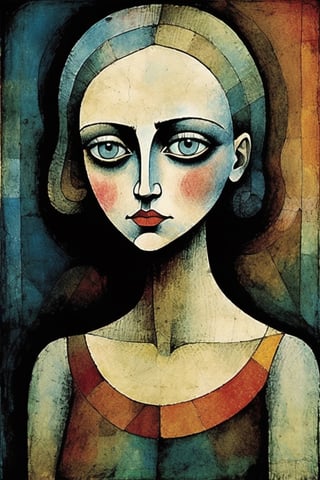 Paul Klee abstract portrait beautiful delicate woman, big eyes, cinematic,  Darkness, eerie, mysterious, modern vintage,  hypnotic gaze, layered colored alcohol wash over fine line sketch, Rich deep colors,  beautiful patterns, ethereal Hollywood lighting, style by Paul Klee, 