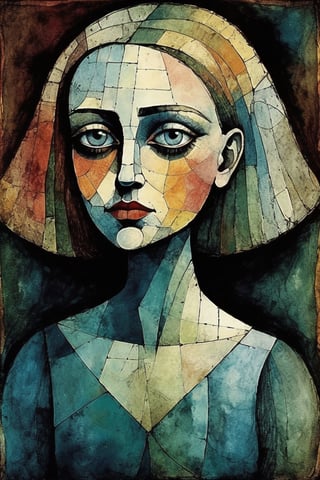 Paul Klee abstract portrait beautiful delicate woman, big eyes, cinematic,  Darkness, eerie, mysterious, modern vintage,  hypnotic gaze, layered colored alcohol wash over fine line sketch, Rich deep colors,  beautiful patterns, ethereal Hollywood lighting, style by Paul Klee, 