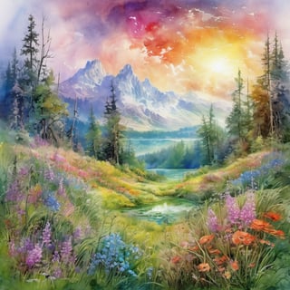 magical lush Landscape, vibrant meadow under a spellbinding sky, where the flora and fauna exude a magical aura, snowmelt wildflowers forest, alcohol ink, vivid colors, pencil line art,  ink, watercolor, sharp focus, studio photo, intricate details, style by Konstantin Makovsky, Mikhail Vrubel, Isaac Levitan, Boris Kustodiev, Ivan Aivazovsky,