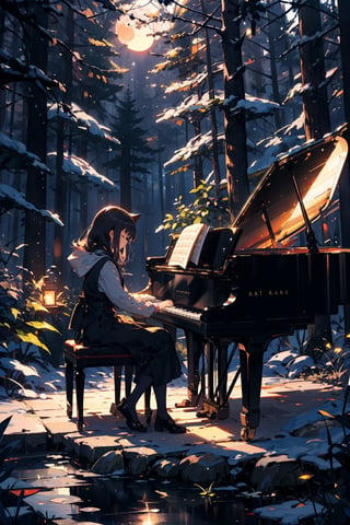   
 a  girl playing Piano at Night in a Forest moon light, 
a cat sleeping on the piano
  masterpiece, 