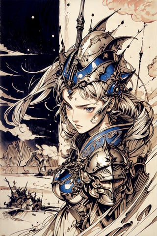 1girl 
Warrior , armor , helmet , weapon, heroic , battlefield ,  amano yoshitaka , traditional media , fantasy illustration , soft colors , final fantasy ,
