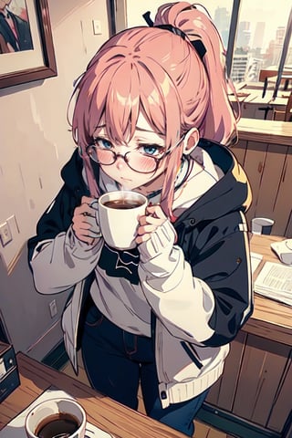 1girl (thick frame glasses),  blush, shy,
POV, dating,   coffee cup, full body,