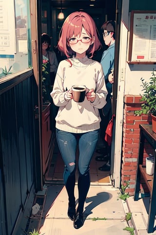 1girl (thick frame glasses),  blush, shy,
POV, dating,   coffee cup, full body,