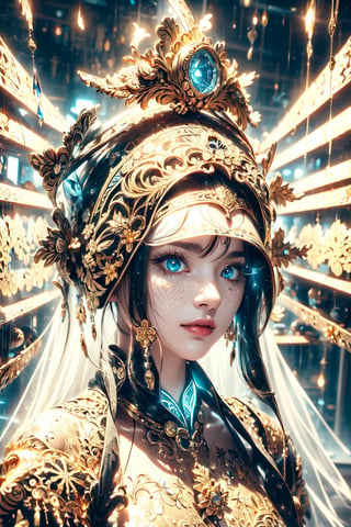 (Onmyoji,miko,female mage),long hair, smile,bare,bangs,hair beads,snowflake hair ornament, lolita hairband,blue eye,golden_eye, black hair, holy pattern on the right face, devil pattern on the left face,(face pattern, glowing_bits), (Intricate golden energy Patterned:1.4),(pattern and golden entanglement),(crystal and silver entanglement)