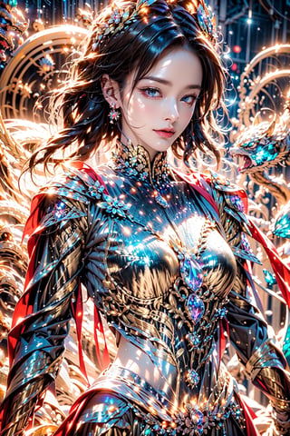 iron woman, ( brightness crystal armor:1.5),Multiple magic_circle,fantasy,Starry night sky ,Outer space view,Edge light