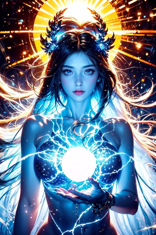 The rays of hope in the entire universe converged on the goddess's chest, and a brand new sun was born from the goddess's chest,The goddess’ long flowing hair is filled with blue hope energy starlight,
(Black and white entanglement), 