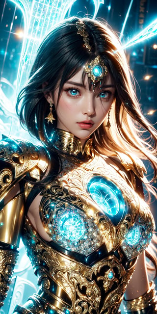 (goddess,Saint Seiya,iron woman),busty,(Intricate luminous armor design:1.3),(yellow plasma electromagnetic shield),crystal and silver entanglement,Soft Pink,(Persian Paisley clothes)