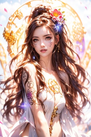 (((sunlight))),  Makeup, More Detail, GdClth, (((magic circle))), (((shine))), (((brown hair child))), (((golden eyes))), (((flower))), (((facial pattern))), (((rain))), (((Random hairstyle))), (((happiness))), (((golden beam))), (((golden runes))), (((facial tattoo))), (((cloud))),ghost costume