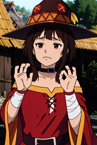 PachaMeme, ,Megu-KJ, megumin, red eyes, brown hair, short hair, wizzard hat, red dress, brown cape, bandages, standding, meme