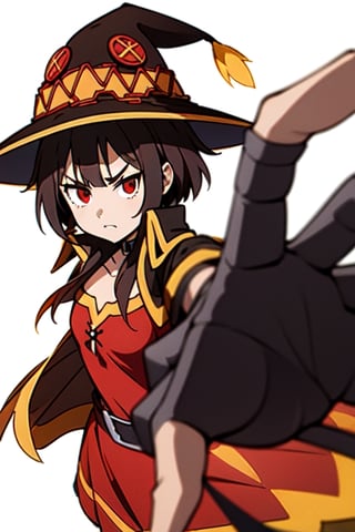 Megu-KJ, megumin, red eyes, brown hair, short hair, wizzard hat, red dress, brown cape, standding, small breasts, IncrsPunchMeme, Megu hat, looking at viewer, simple background, incoming punch, incoming punch, simple background, IncrsPunchMeme, angry, house, bed, bedroom, megu dress, 1girl, solo, punch, 1 punch, 1 hand