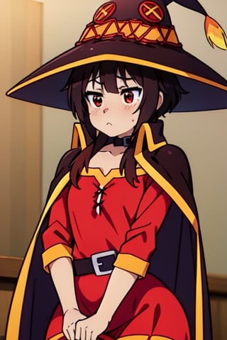 Megu-KJ, megumin, red eyes, brown hair, short hair, wizzard hat, red dress, brown cape, standding, meme, small breasts, IncrsPajChal, Megu hat,IncrsPajChal