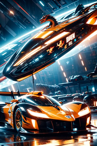 (spaceship | racing car| dragon pattern ),glowing_bits,street