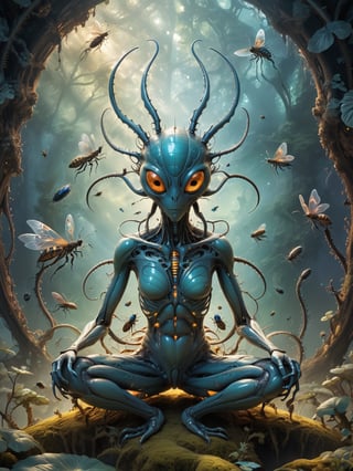 Create a stunning image of meditating alien insects in a setting entirely unfamiliar to Earth. These insects should have unusual features and exceptional textures on their bodies, including fractal patterns, bioluminescence, and iridescent surfaces. Place them in a surreal landscape or among alien structures with mysterious lighting. The image should convey a sense of calm and contemplation in an unknown realm, evoking awe and wonder,Gric,HellAI,v0ng44g