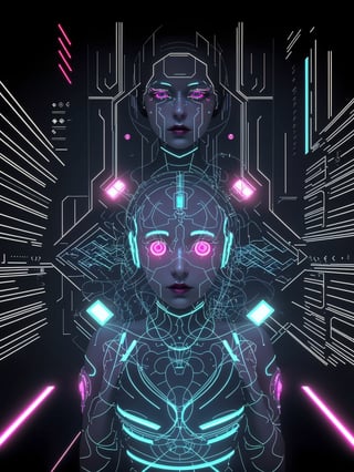 Image of Jaqueline, a technological artist, surrounded by a futuristic environment. Her cybernetic suit emits flashes of light synchronized with the sound frequencies of her electronic music. All around her, holograms of geometric shapes intertwine in the air, creating a mesmerizing visual and auditory spectacle. The high-tech speakers surrounding her release sound pulses that blend with the atmosphere, forming a digital symphony. Capture the fusion of technology and art in an image of Jaqueline immersed in her world of future sounds and lights,hackedtech