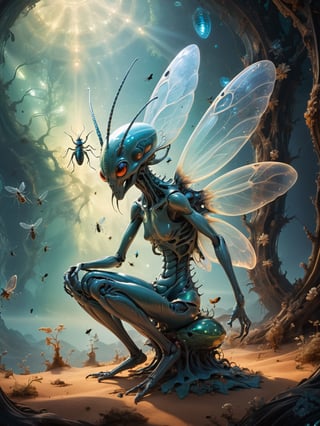 Create a stunning image of meditating alien insects in a setting entirely unfamiliar to Earth. These insects should have unusual features and exceptional textures on their bodies, including fractal patterns, bioluminescence, and iridescent surfaces. Place them in a surreal landscape or among alien structures with mysterious lighting. The image should convey a sense of calm and contemplation in an unknown realm, evoking awe and wonder,Gric,HellAI,v0ng44g