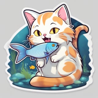 A cat stolen a fish as sticker