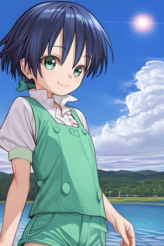 score_9, score_7, nyatabe BREAK
solo, 1boy, lloyd, aqua eyes, blue hair, short hair,
green vest, white shirt, puffy short sleeves, green short shorts,
looking at viewer, smile, =), upper body,
outdoors, lake, sun, clouds, sky,nyatabe