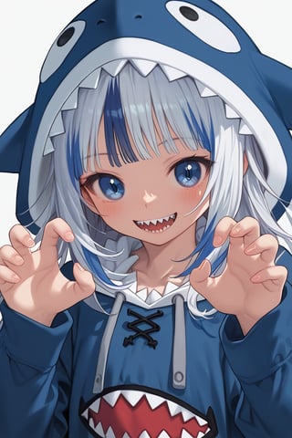 score_9, score_8_up, score_7_up, score_6_up, BREAKpitvinm, in profile, 1girl, animal hood, blue eyes, blue hair, blue hoodie, blush, claw pose, clothing, female, hood, hoodie, long sleeves, looking at viewer, looking to the side, multicolored hair, open mouth, shark hood, sharp teeth, smile, solo, streaked hair, teeth, two-tone hair, upper body, white hair, 