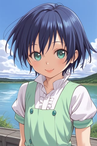 score_9, score_7, BREAK
solo, 1boy, lloyd, aqua eyes, blue hair, short hair,
green vest, white shirt, puffy short sleeves, green short shorts,
looking at viewer, smile, =), upper body,
outdoors, lake, sun, clouds, sky,