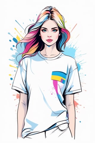 Centered image,  bits of color,  hand drawn,  realistic sketch,  Rough sketch,  bold lines,  splash art,  Artwork of T-shirt design,  white background,  Girls, outline art, Sketch drawing,  flat illustration,  high contrast,  vibrant vector,  vector image,  8k,Flat vector art